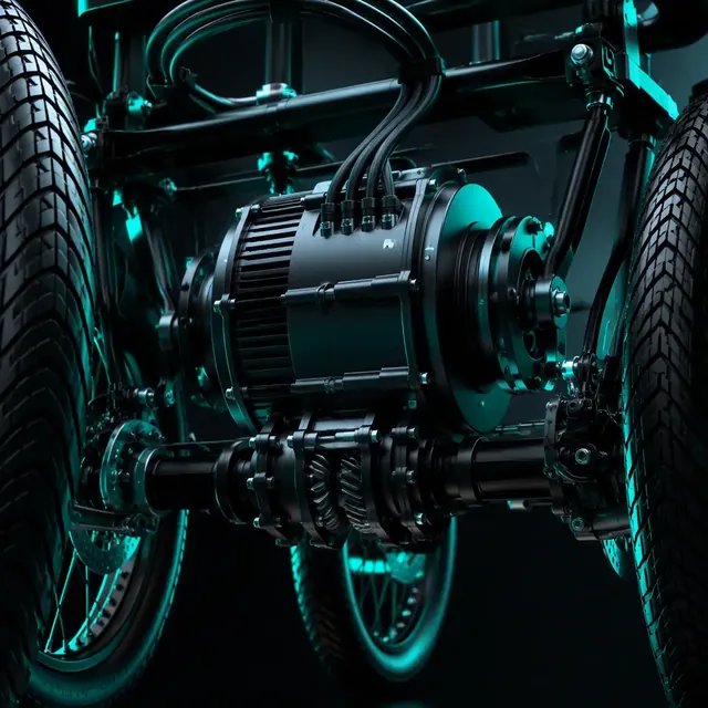 Close-up of a cargo e-tricycle rear axle hub motor with differential in a dark studio with teal rim lighting