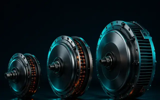 Three electric bicycle hub motors of different power classes in a dark studio with teal rim lighting