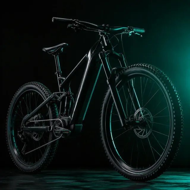 Mountain e-bike with knobby tires in a dark studio with teal rim lighting