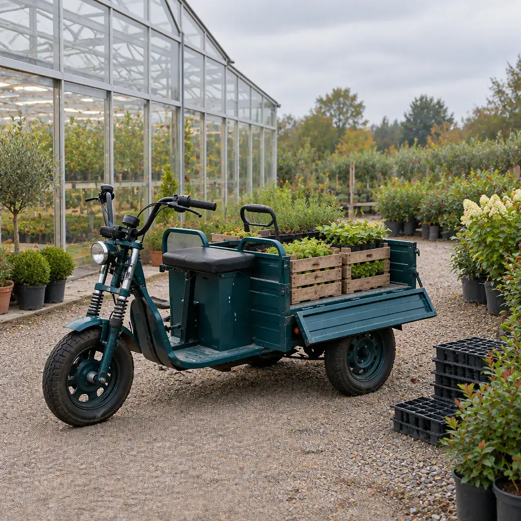 Electric cargo tricycle with one front wheel and two rear wheels, open cargo bed loaded with crates of potted plants, parked beside a glass greenhouse
