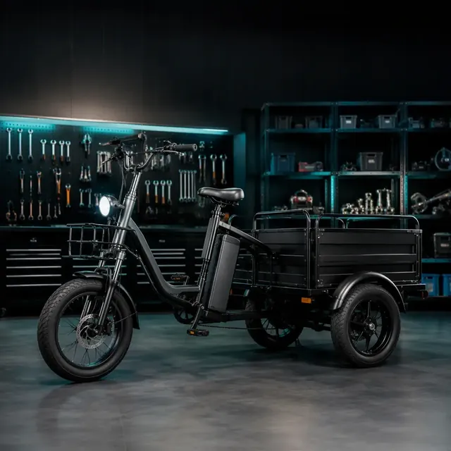 Electric cargo tricycle in a warehouse service bay with spare parts shelves and teal rim lighting