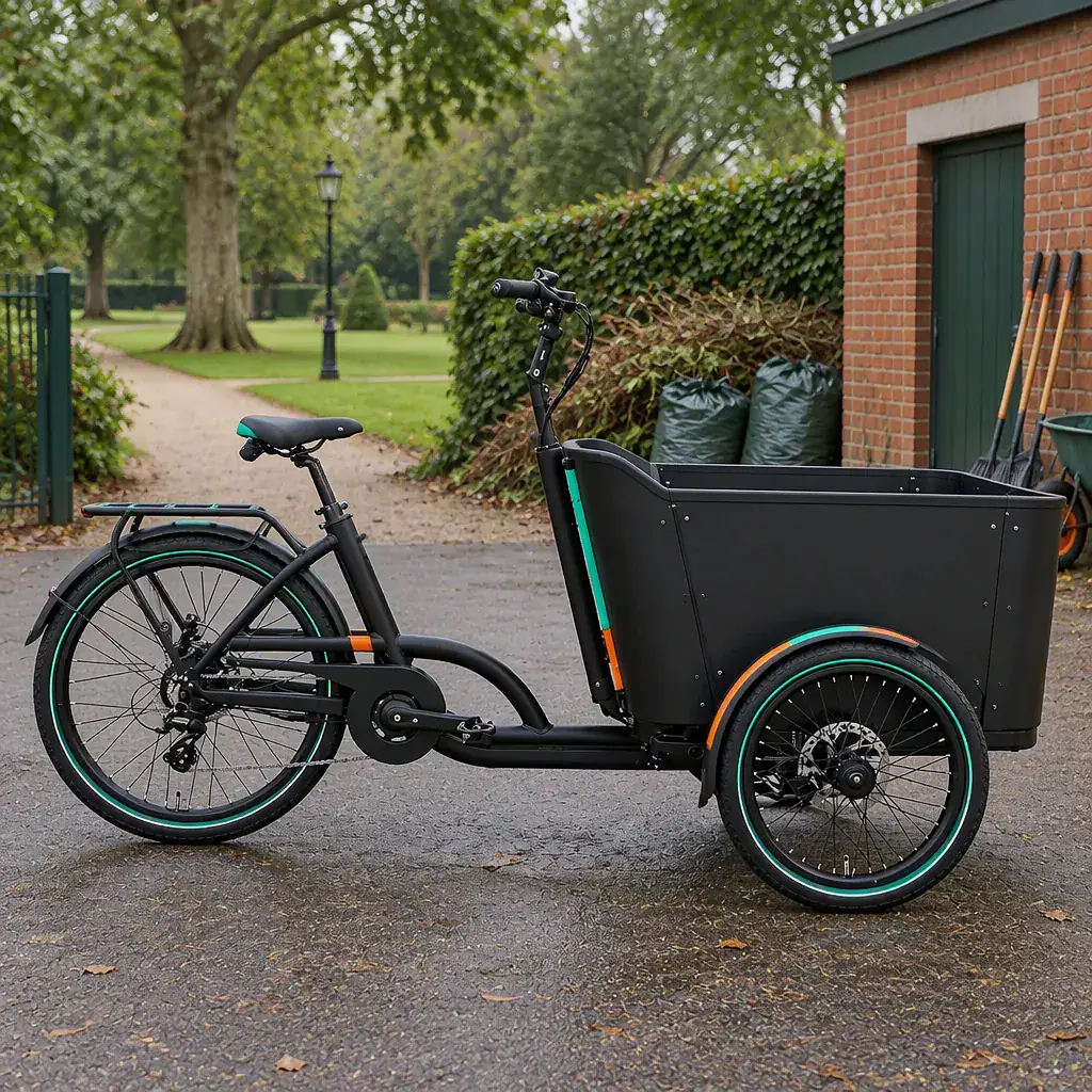 Municipal electric tricycle staged in a city park yard for grounds maintenance duty