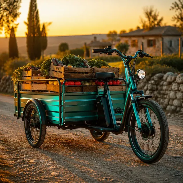 Three-wheeled electric cargo tricycle loaded with produce crates on a gravel village road at golden hour