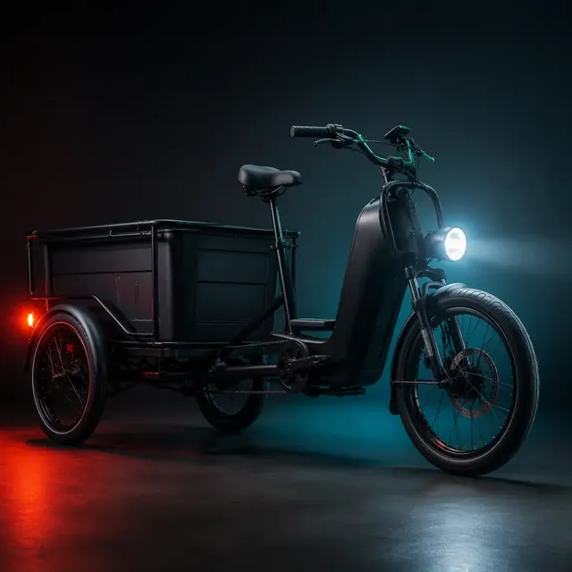Three-wheeled electric cargo tricycle with bright LED headlight and glowing tail light in a dark studio with teal rim lighting