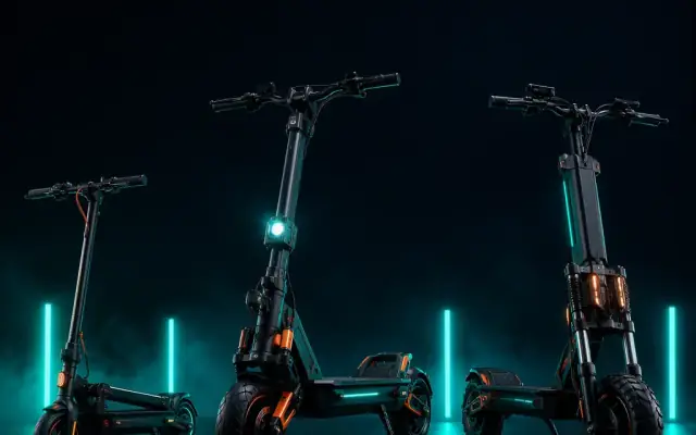 Three electric scooters — foldable, performance and off-road — in a dark showroom with teal rim lighting