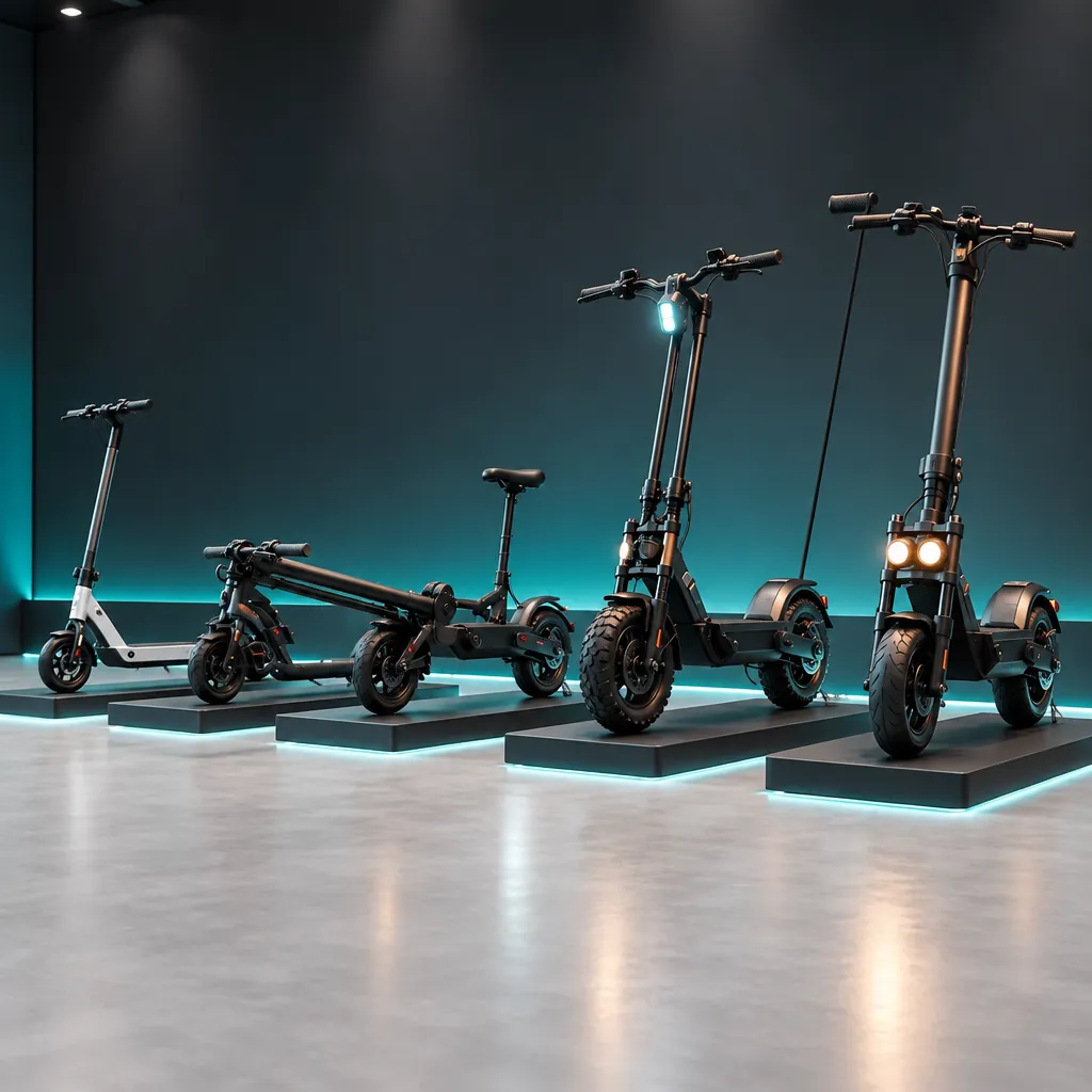 Lineup of electric scooter platforms on a showroom floor