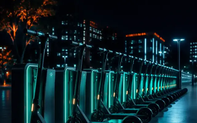 Row of shared electric scooters docked in a charging station at night with teal glow