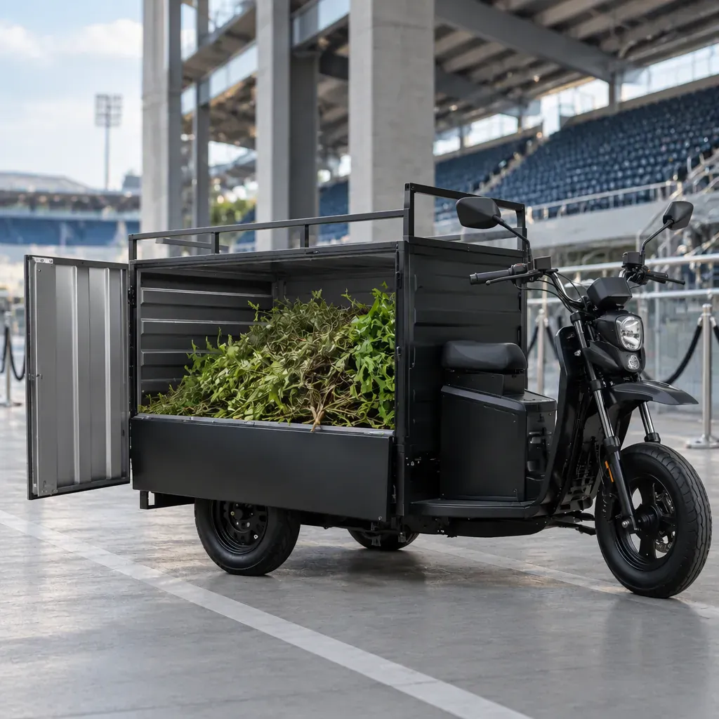 Three-wheeled electric cargo tricycle with one front wheel and two rear wheels staged on a stadium service concourse with grandstand seating behind