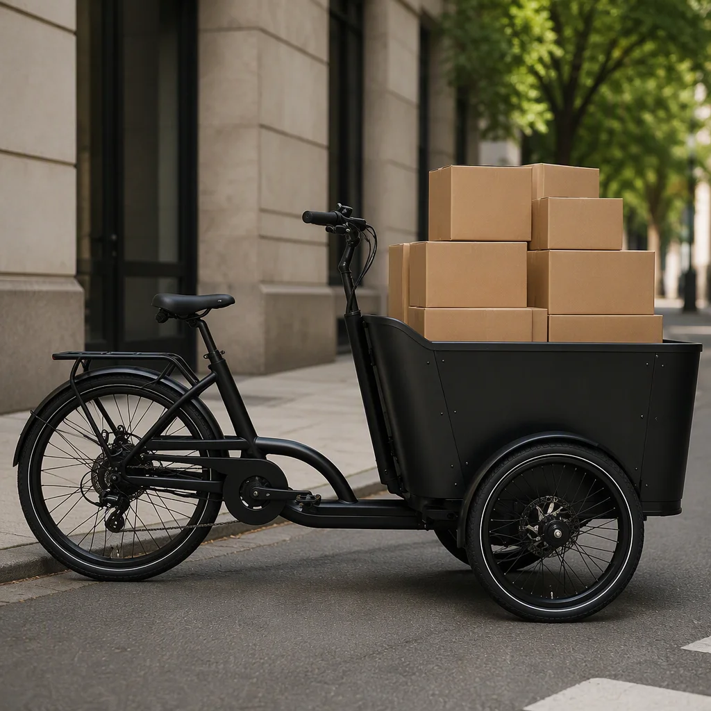 Row of cargo e-tricycles staged at a logistics micro-hub loading bay