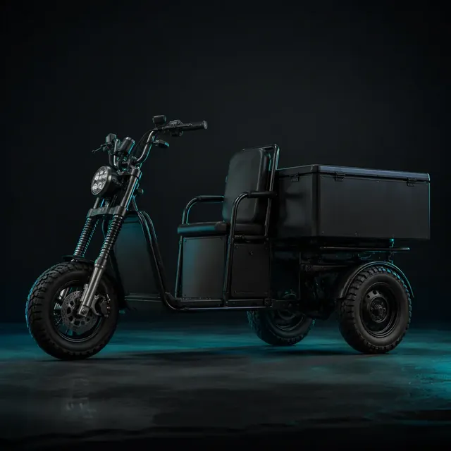 Three-wheeled electric cargo tricycle with hydraulic suspension forks in a dark studio with teal rim lighting