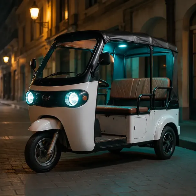 Three-wheeled electric passenger tricycle taxi with a passenger canopy on a city street at dusk, teal and orange accents