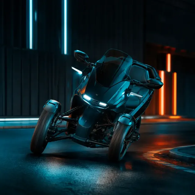 Three-wheeled electric tilting tricycle with two front wheels leaning into a corner on a dark city street at dusk, teal and orange lighting