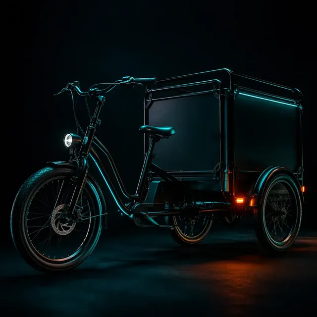 Heavy-duty cargo electric tricycle with dual rear wheels in a dark studio with teal rim lighting