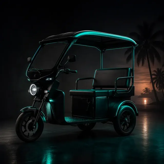 Passenger electric tricycle with canopy parked on a beachfront promenade at sunset with teal rim lighting