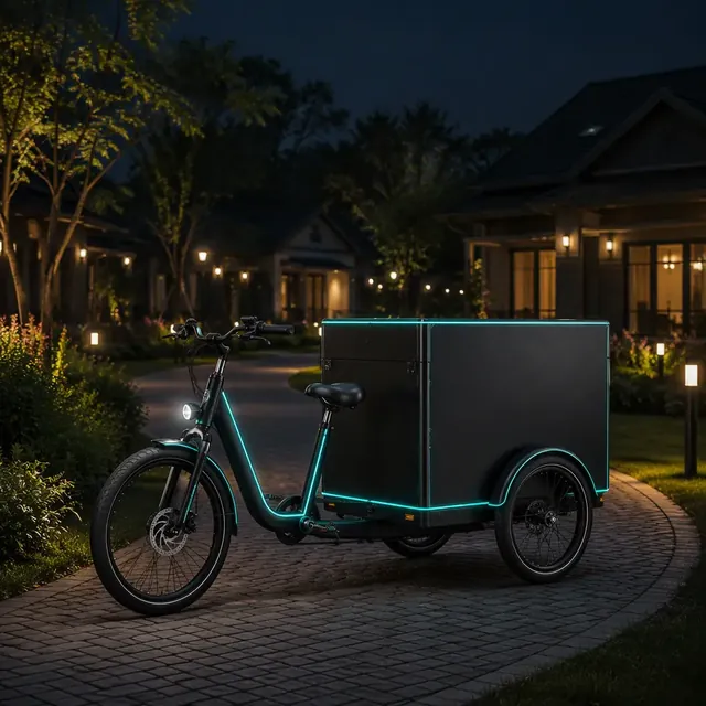 Three-wheeled electric cargo tricycle parked on a resort pathway at dusk with teal rim lighting