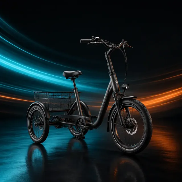 Three-wheeled electric tricycle on a dark reflective studio floor with teal and orange light streaks