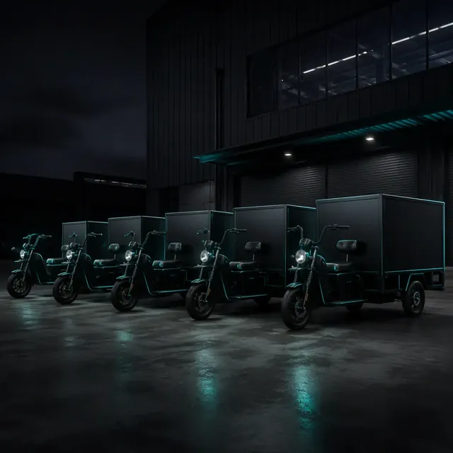 A row of electric cargo tricycles lined up in a factory yard at dusk