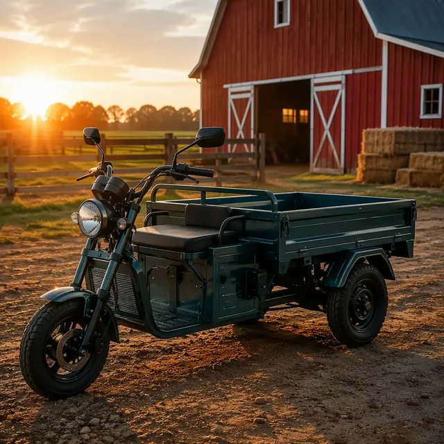 Chinese electric cargo tricycle parked in front of an American farmhouse at golden hour