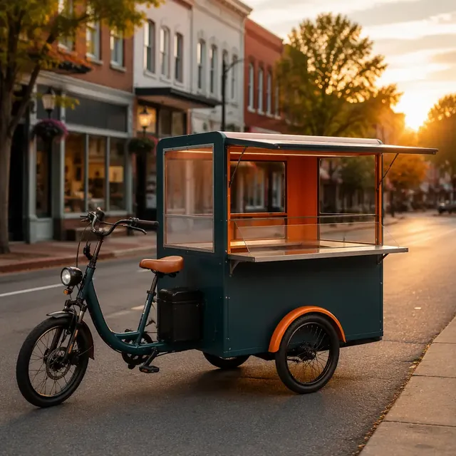Electric three-wheeled cargo tricycle with a food cart box on a small town main street at golden hour