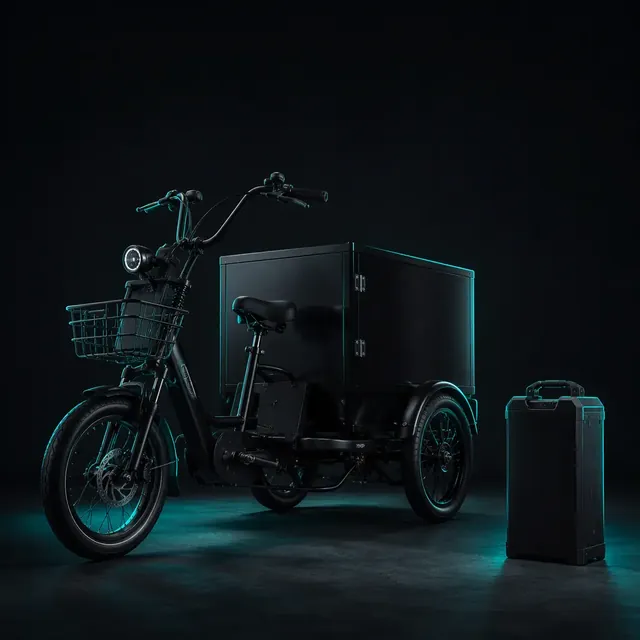 Electric cargo tricycle with a swappable lithium battery pack in a dark studio with teal rim lighting