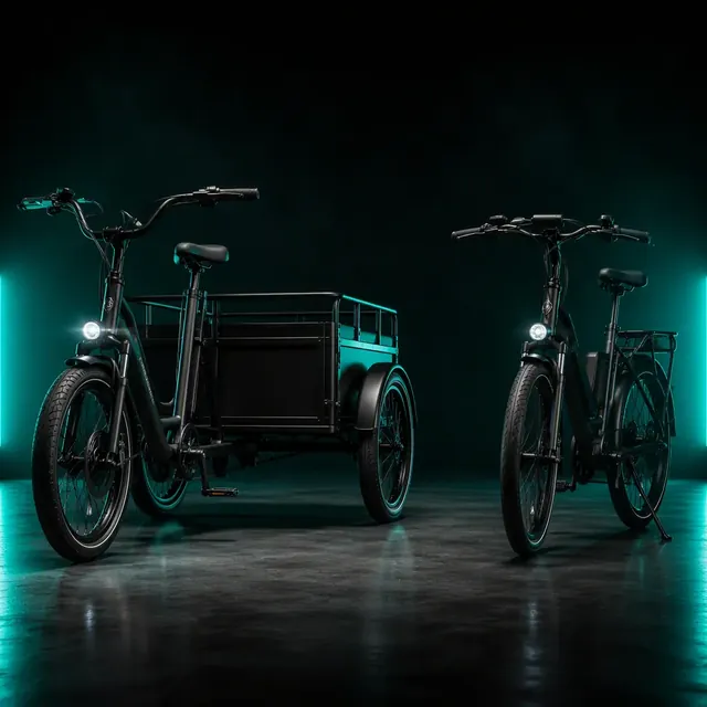 Electric tricycle and electric bicycle side by side in a dark studio with teal rim lighting