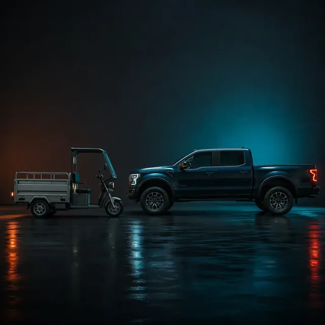 Three-wheeled electric cargo tricycle parked beside a pickup truck in a dark studio with teal rim lighting