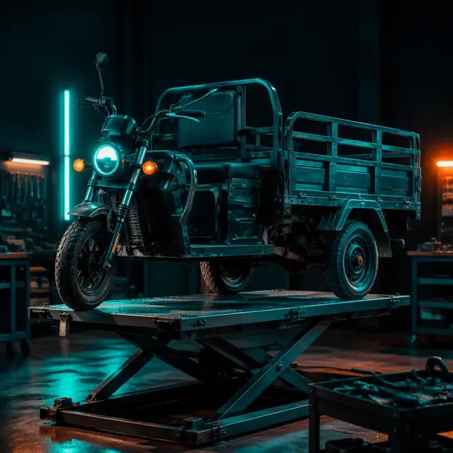 Pre-owned cargo electric tricycle on a workshop lift under inspection lighting with teal accents