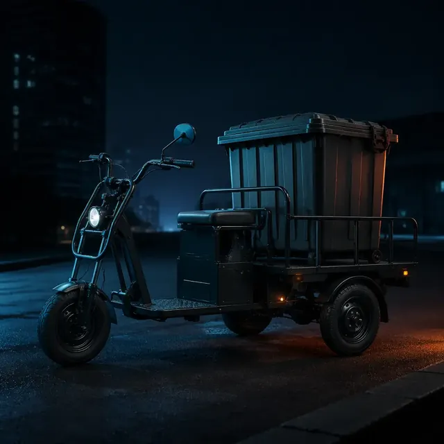 Three-wheeled electric cargo tricycle with two rear wheels and a waste bin on its cargo deck, dark urban street at dawn with teal rim lighting