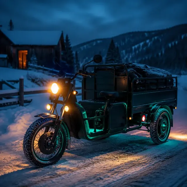 Cargo electric tricycle parked on a snowy rural road at dusk with warm lights and teal accents