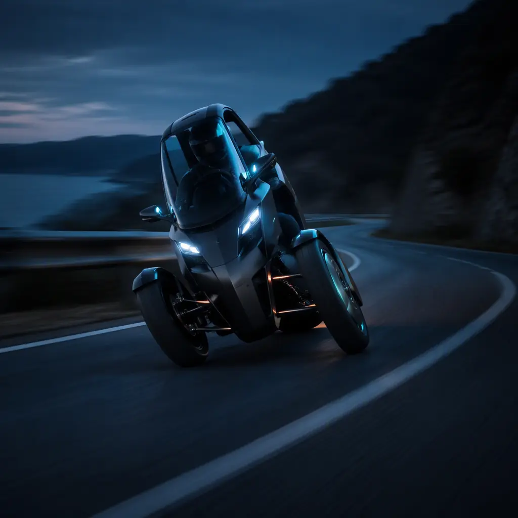 Dynamic photo of a three-wheeled tilting electric trike with two front wheels carving through a curve on an empty coastal road at blue hour, visible lean angle, motion blur