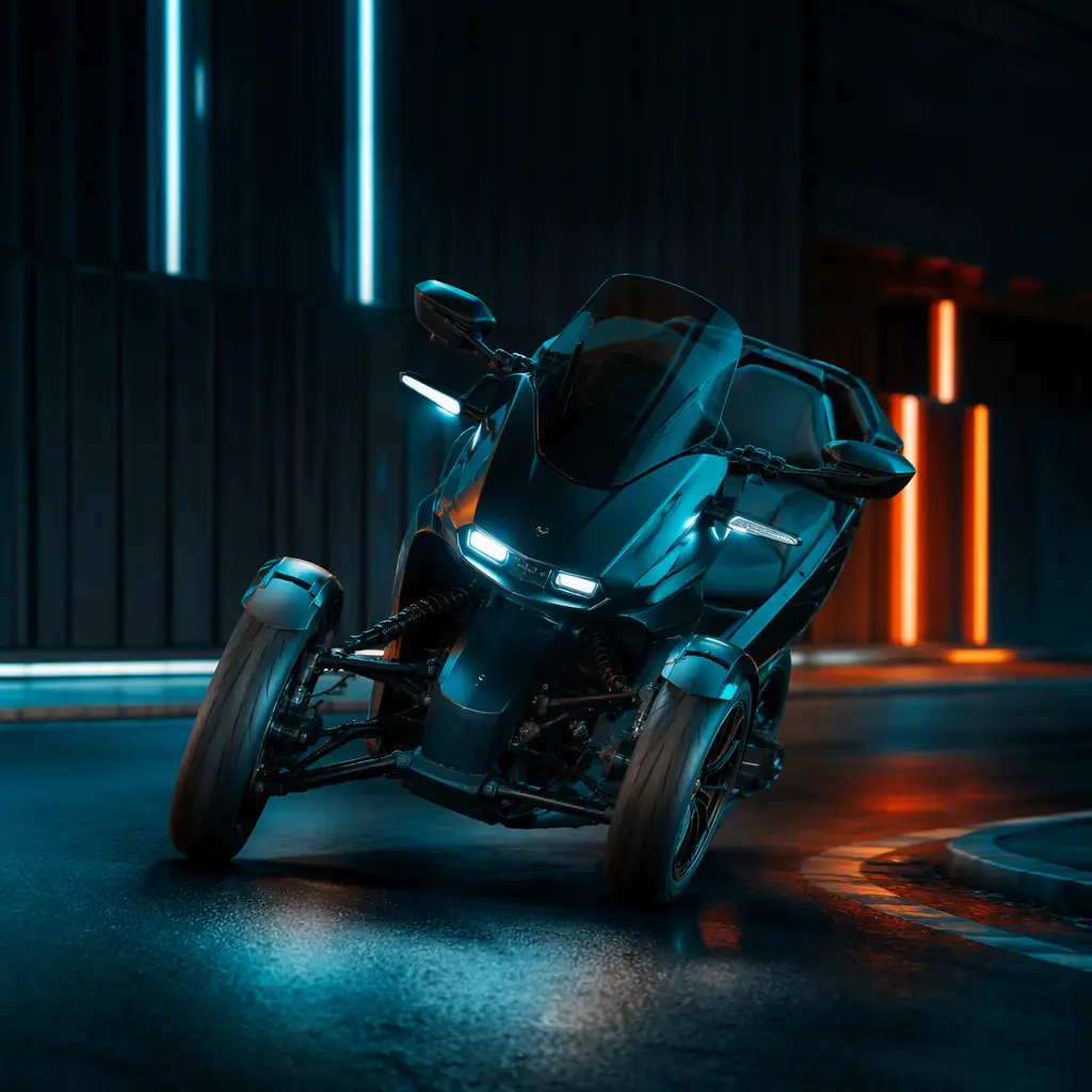 Three-wheeled electric tilting tricycle with two front wheels leaning into a corner on a dark city street at dusk, teal and orange lighting