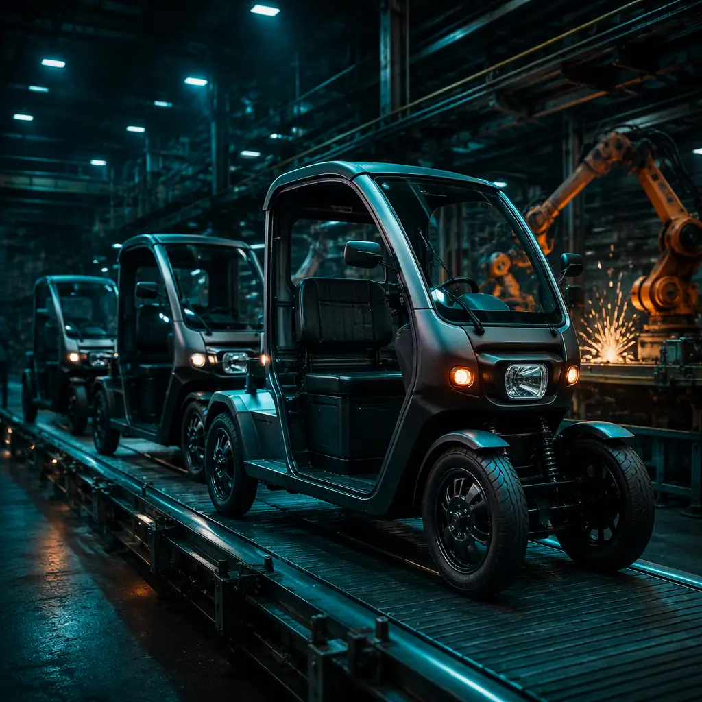 Three-wheeled electric tilting tricycles on a factory assembly line in a dark plant, frame welding station in background, overhead teal lighting