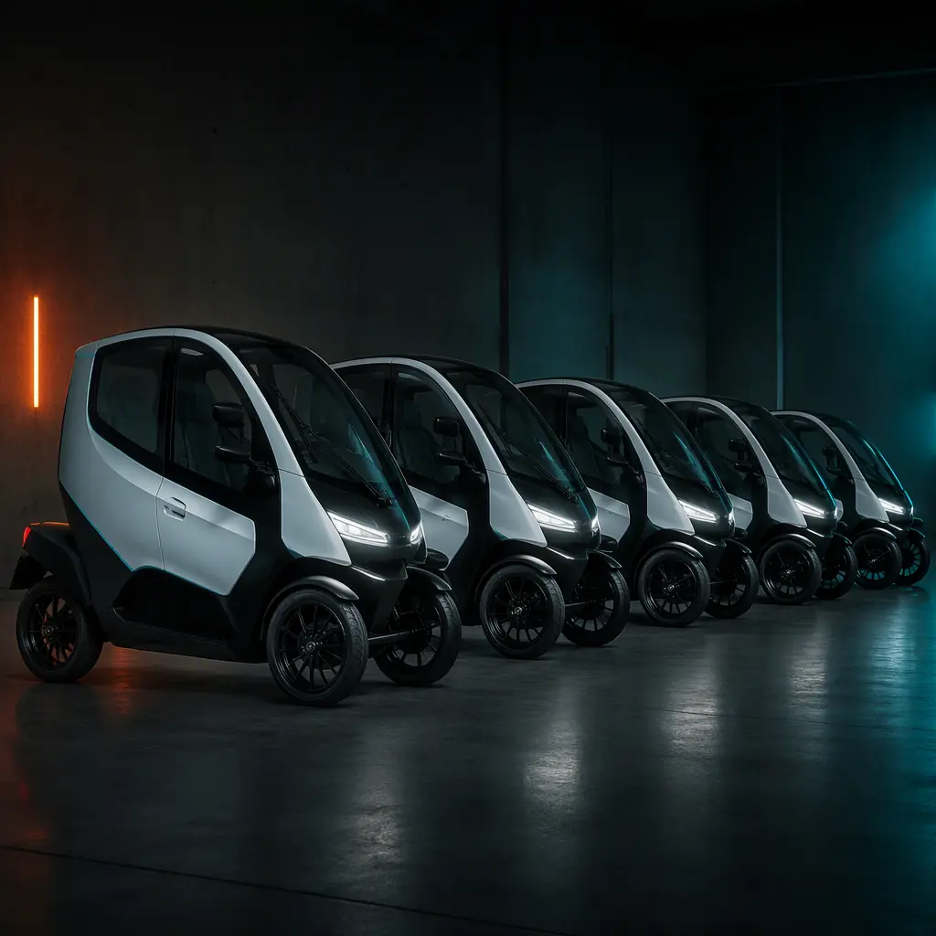 Row of five three-wheeled electric tilting tricycles with two front wheels parked in a dark modern garage, teal accent lighting, uniform fleet livery