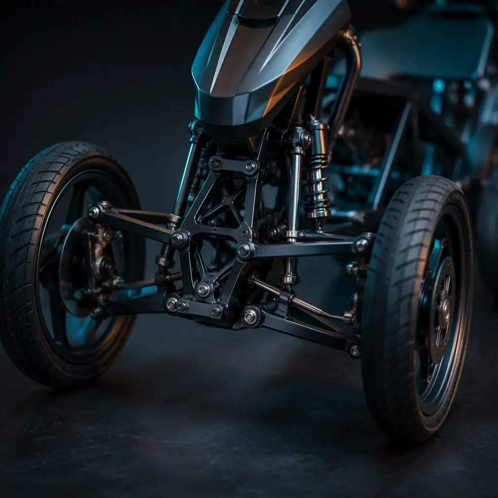 Macro photorealistic 3D render of a tilting front suspension assembly with two front wheels, parallelogram linkage arms and dampers, dark studio, teal rim lighting