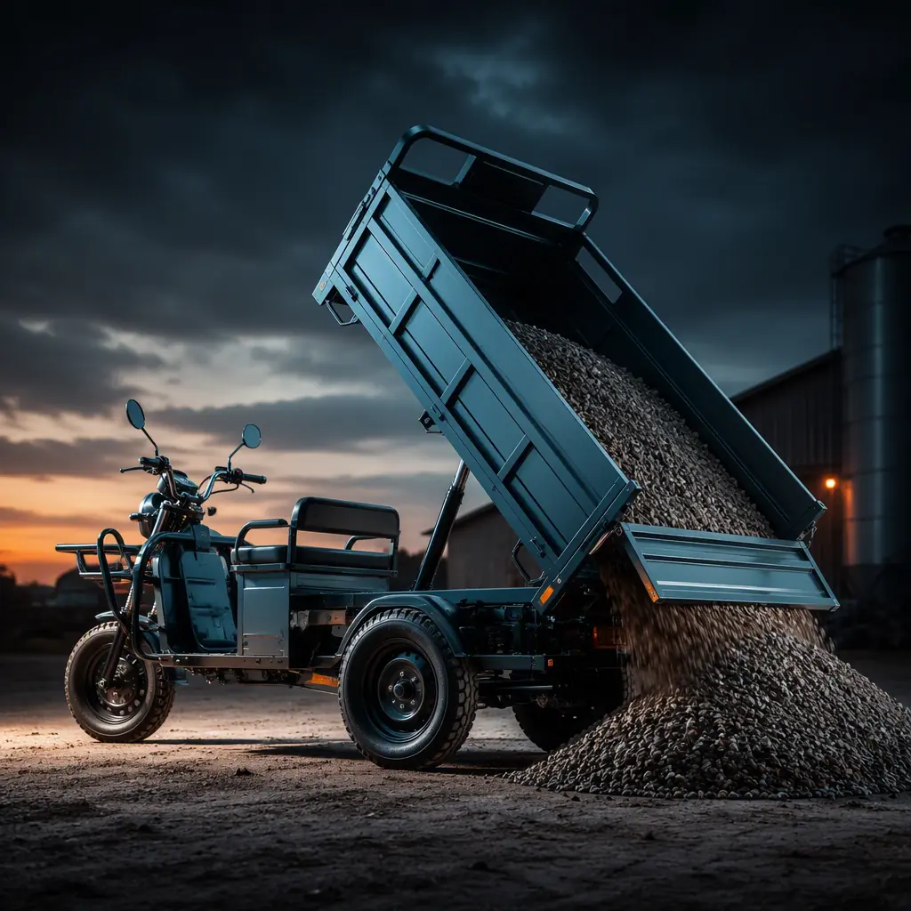 Three-wheeled electric cargo tricycle with a steel dump bed raised at an angle unloading gravel in a farmyard at dusk, teal and orange lighting