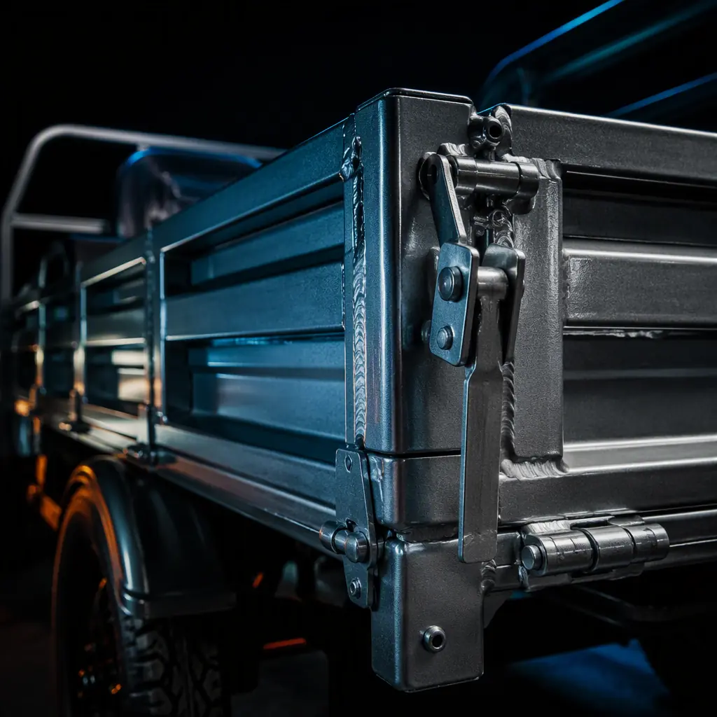 Macro photo of the steel dump bed and tailgate hinge of a three-wheeled electric cargo tricycle, welded seams and latch detail, dark background teal accent light