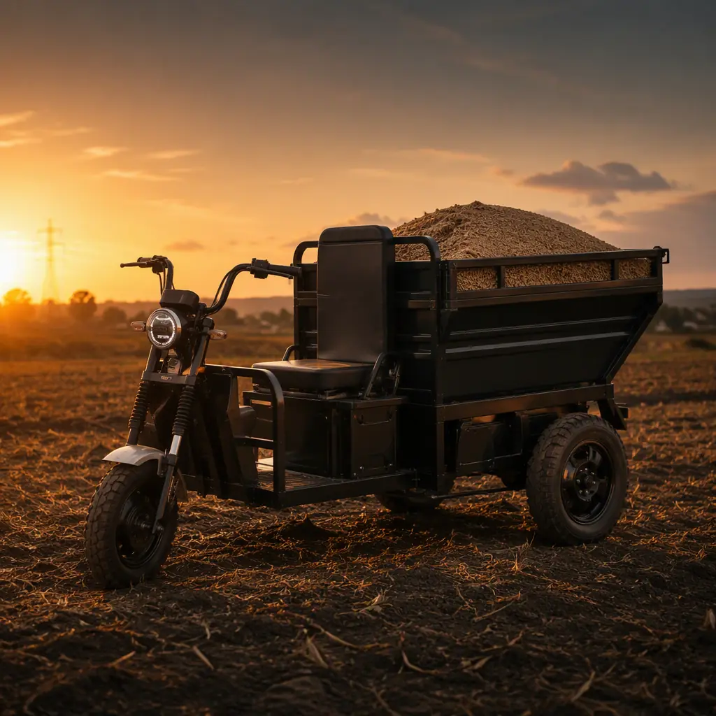 Three-wheeled electric cargo tricycle with a dump bed carrying feed grain across a farm field at golden hour, two rear wheels, dark earthy tones