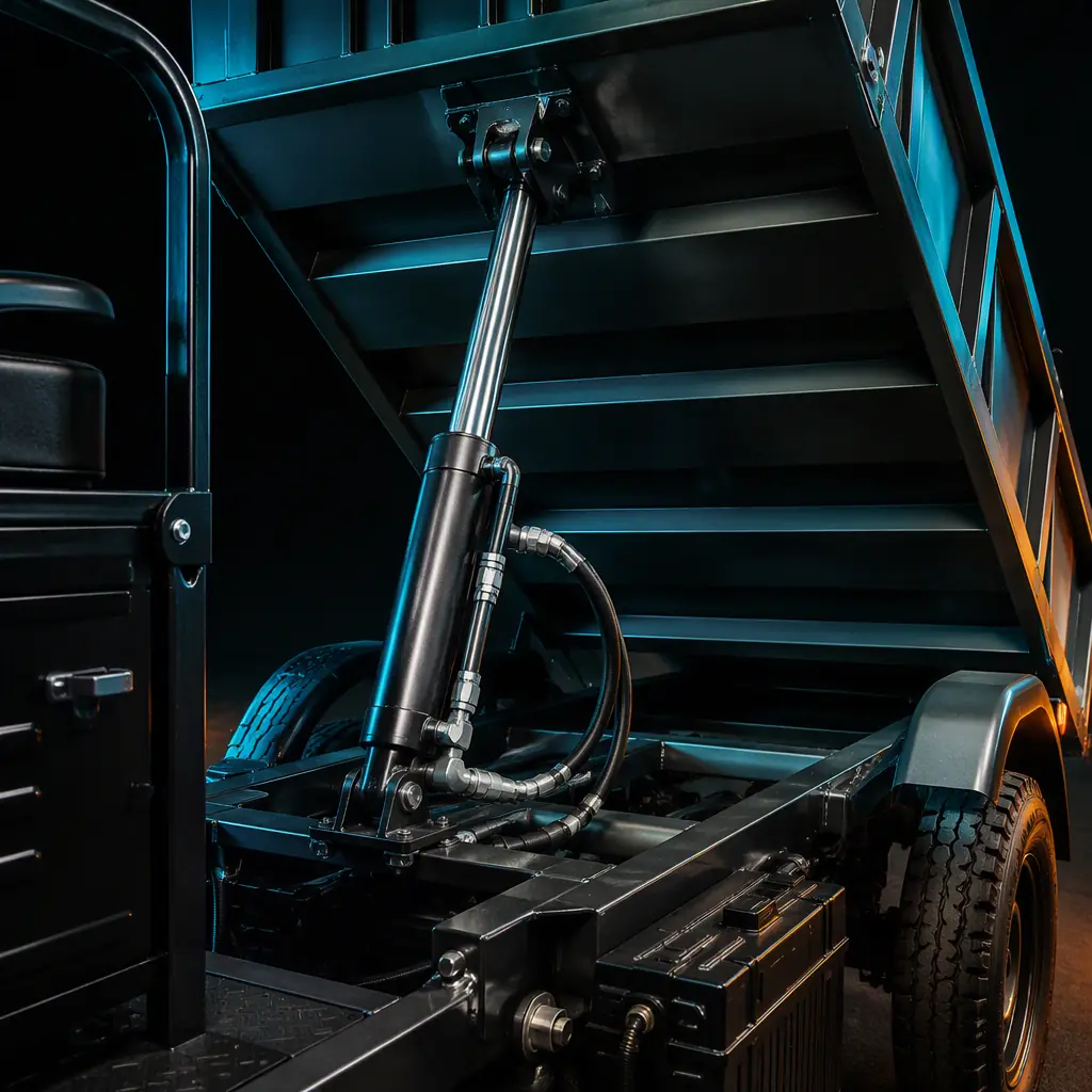 Macro photorealistic close-up of a hydraulic lift cylinder raising the steel dump bed of a three-wheeled electric cargo tricycle, chrome cylinder and hoses, dark studio teal rim lighting