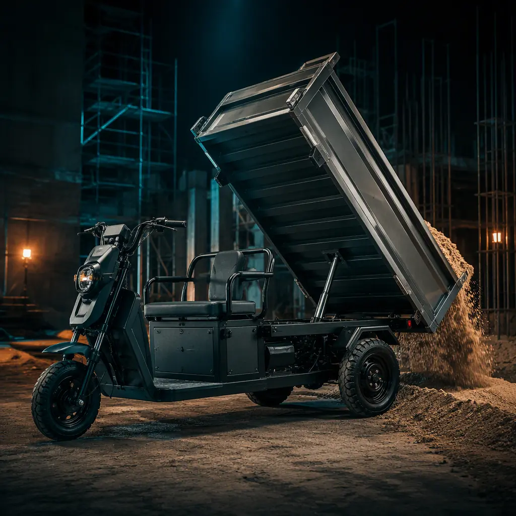 Three-wheeled electric dump tricycle tipping a load of sand onto a construction site, raised steel bed, scaffolding in dark background, orange work lights