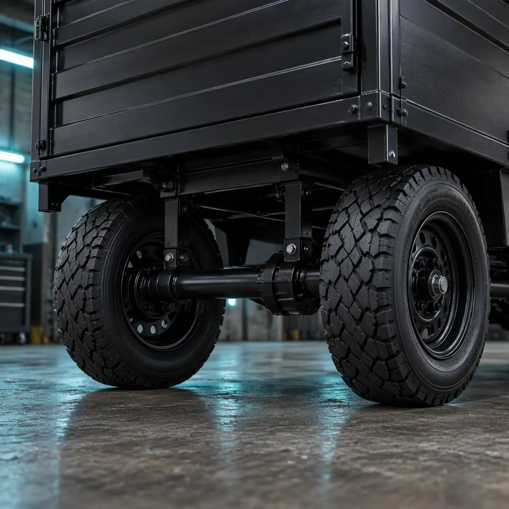 Low-angle view of a cargo tricycle dual rear axle with two treaded 3.75-12 utility tires on black steel rims