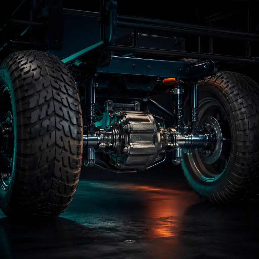 Close-up 3D render of a cargo tricycle dual rear axle with two 3.75-12 tires and a differential housing