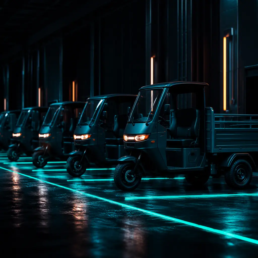 Row of cargo electric tricycles in a fleet depot, dual rear wheels visible, dark industrial lighting with teal accents