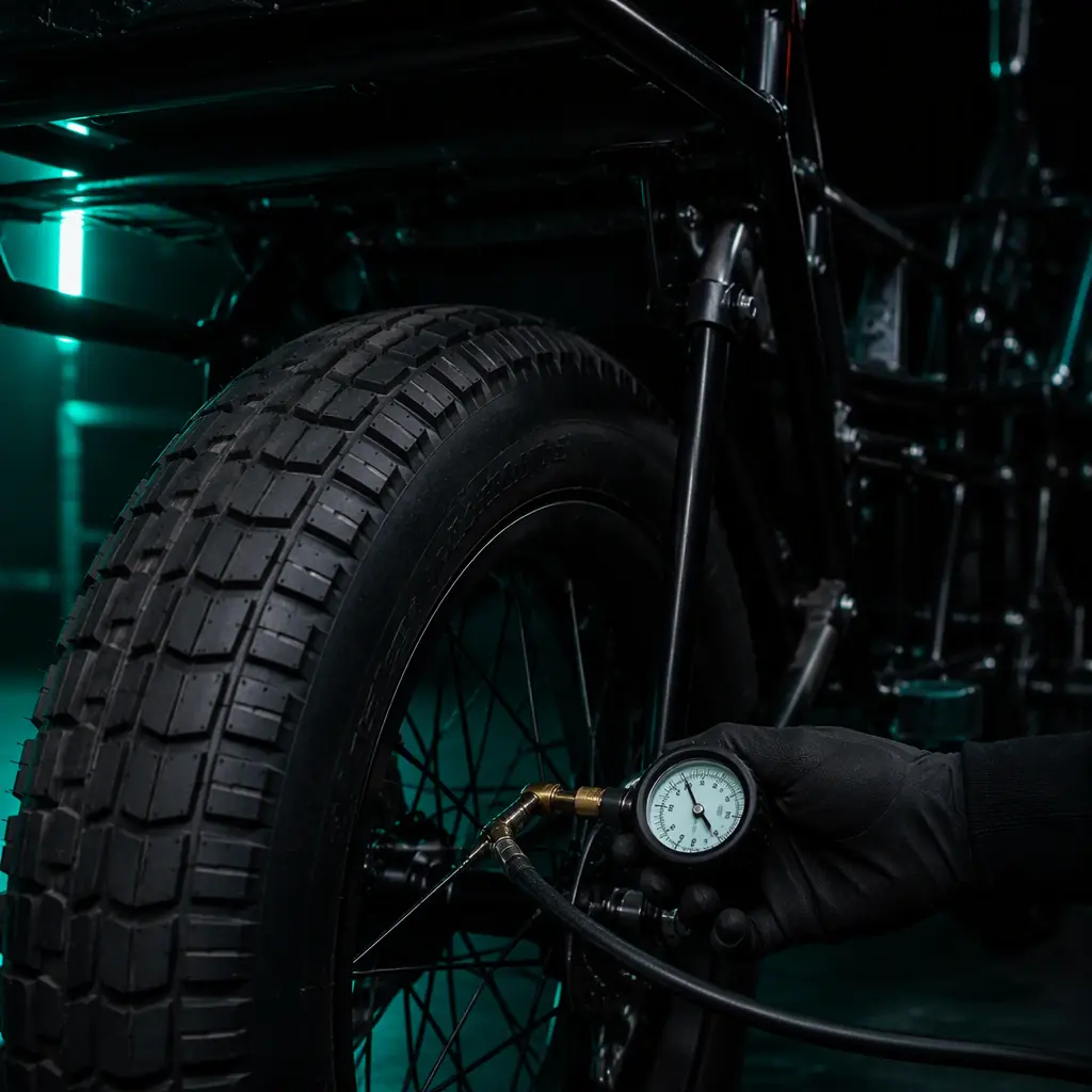Tire pressure gauge checking a 12-inch cargo tricycle rear tire in a dark workshop with teal accent lighting