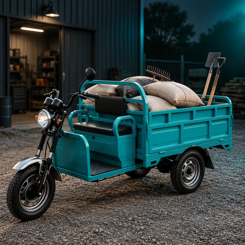 Three-wheeled electric cargo tricycle with dual rear wheels and visible utility tires standing on a packed gravel yard beside a workshop