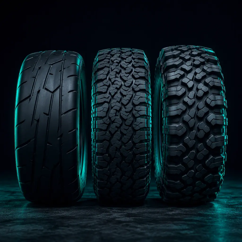Three 12-inch tricycle tire tread patterns side by side: street semi-slick, hybrid, and deep-lug off-road