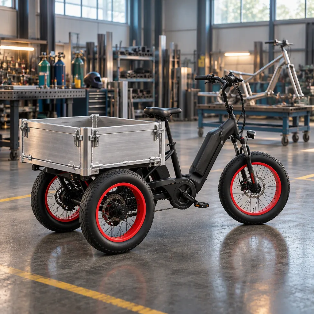 Three-wheeled electric cargo tricycle with bare aluminium box in a fabrication workshop