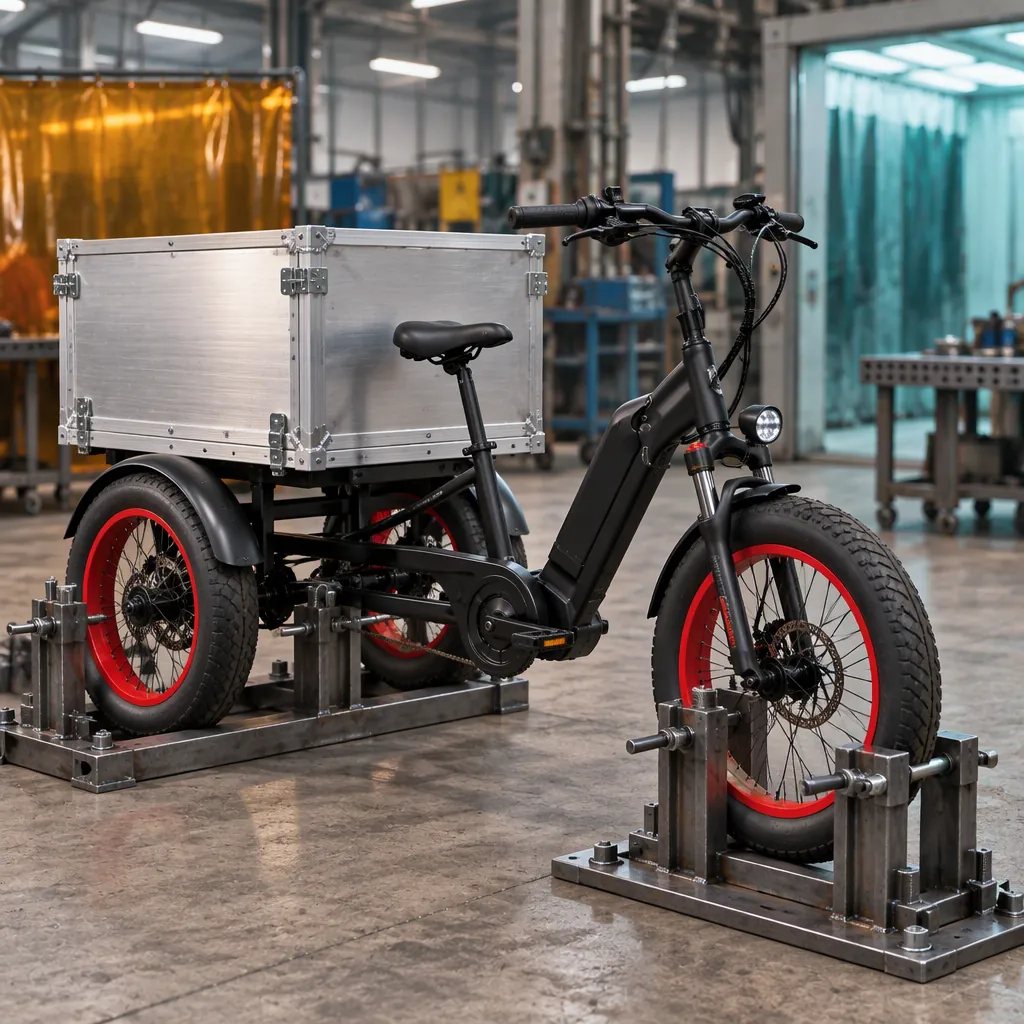 Electric cargo tricycle chassis held in a steel alignment fixture with the cargo box bolted to the rear mounts