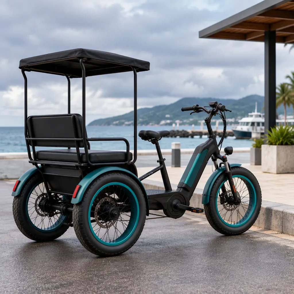 Passenger electric tricycle with canopy and rear bench seat, one front wheel and two rear wheels, staged on a paved promenade for tour operation