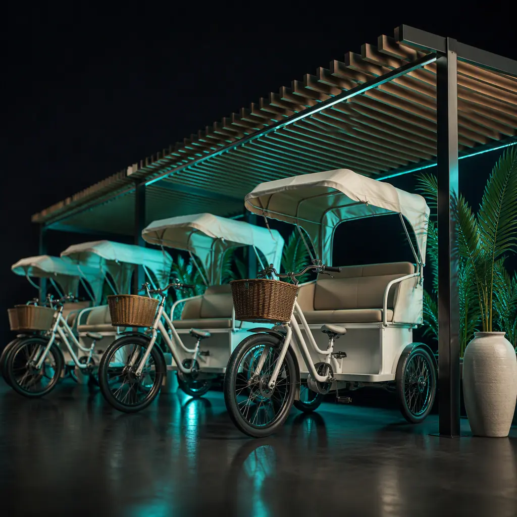 Tourist rental station with passenger tricycles parked under a canopy at a Mediterranean boardwalk
