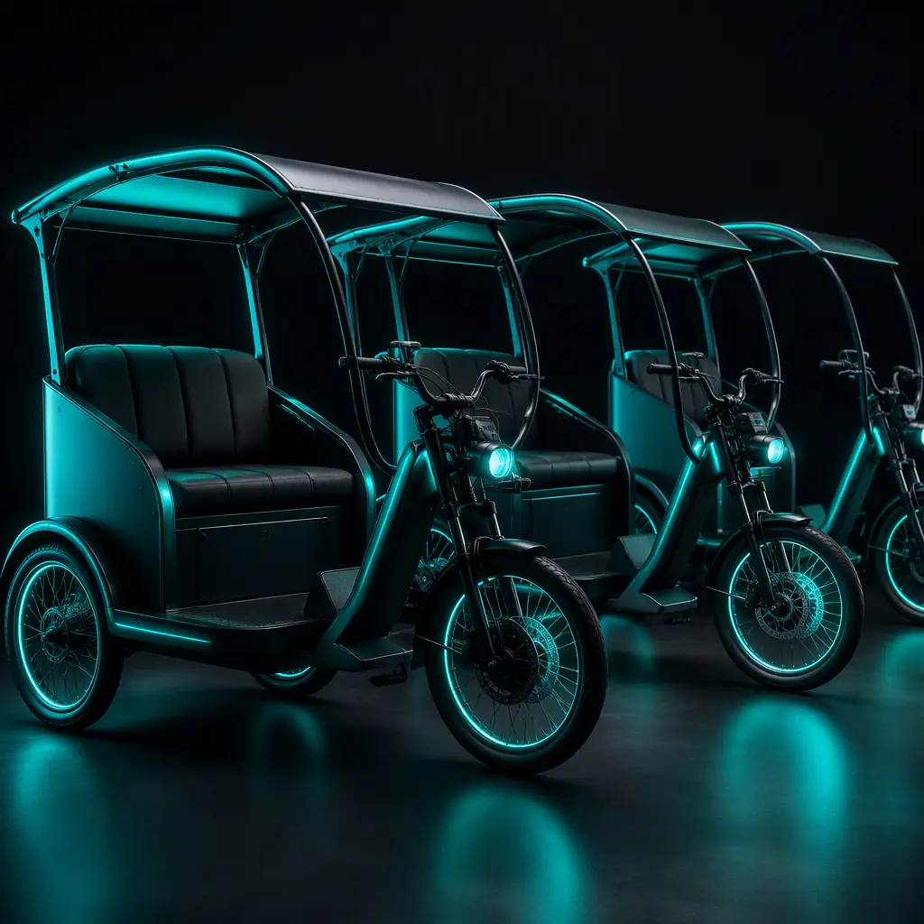Row of passenger electric tricycles with canopies parked at a seaside resort rental station